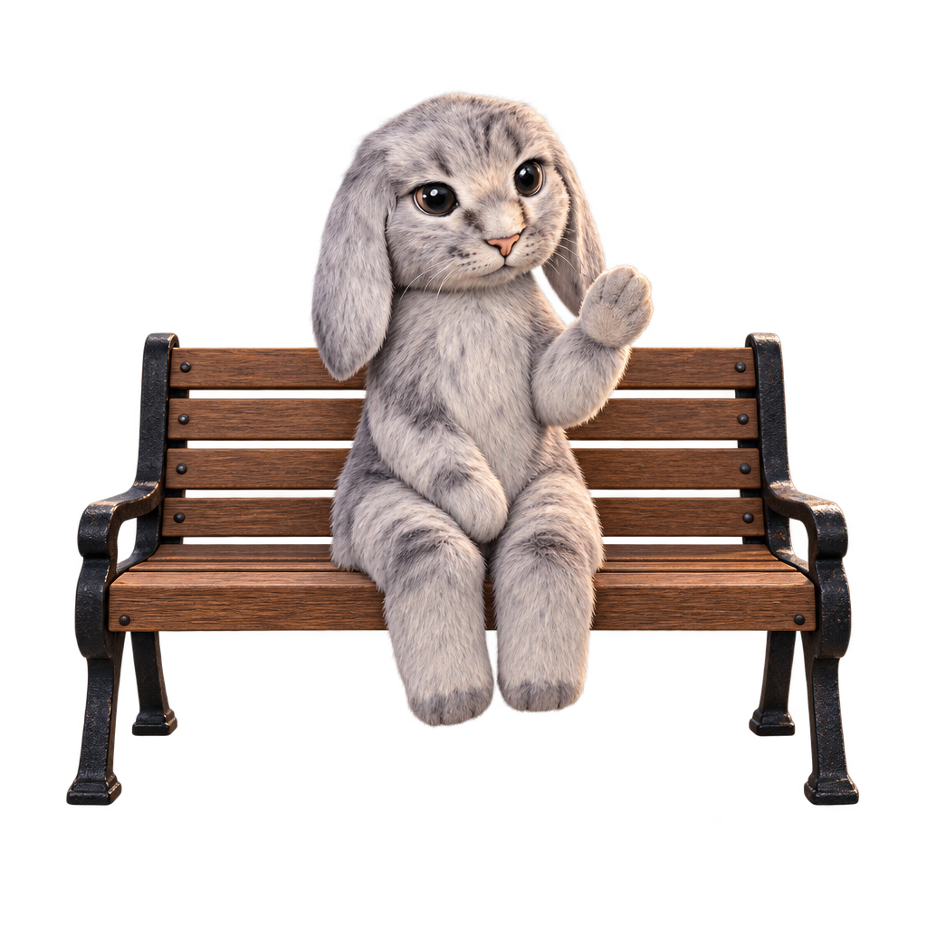 Bench Bunny waving one paw while seated on the bench