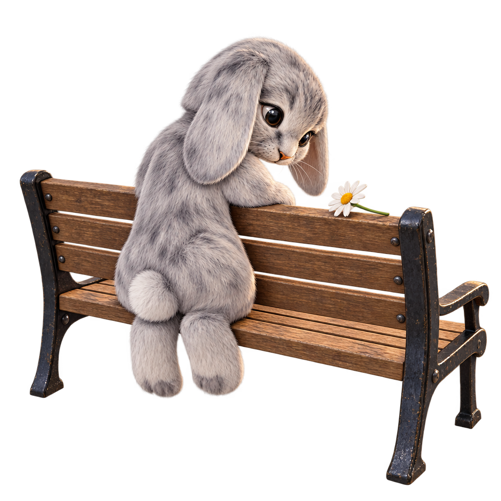 Bench Bunny leaning over the back of the bench to inspect a daisy